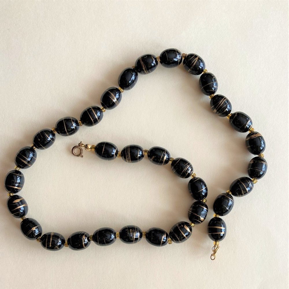 Necklace, Black and Goldstriped Beads